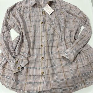 Free People Break My Stride Buttondown Shirt in Sugar Red Combo Size Small